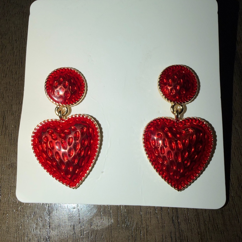 Elegant Red Strawberry Heart Gold & Red Drop Earrings